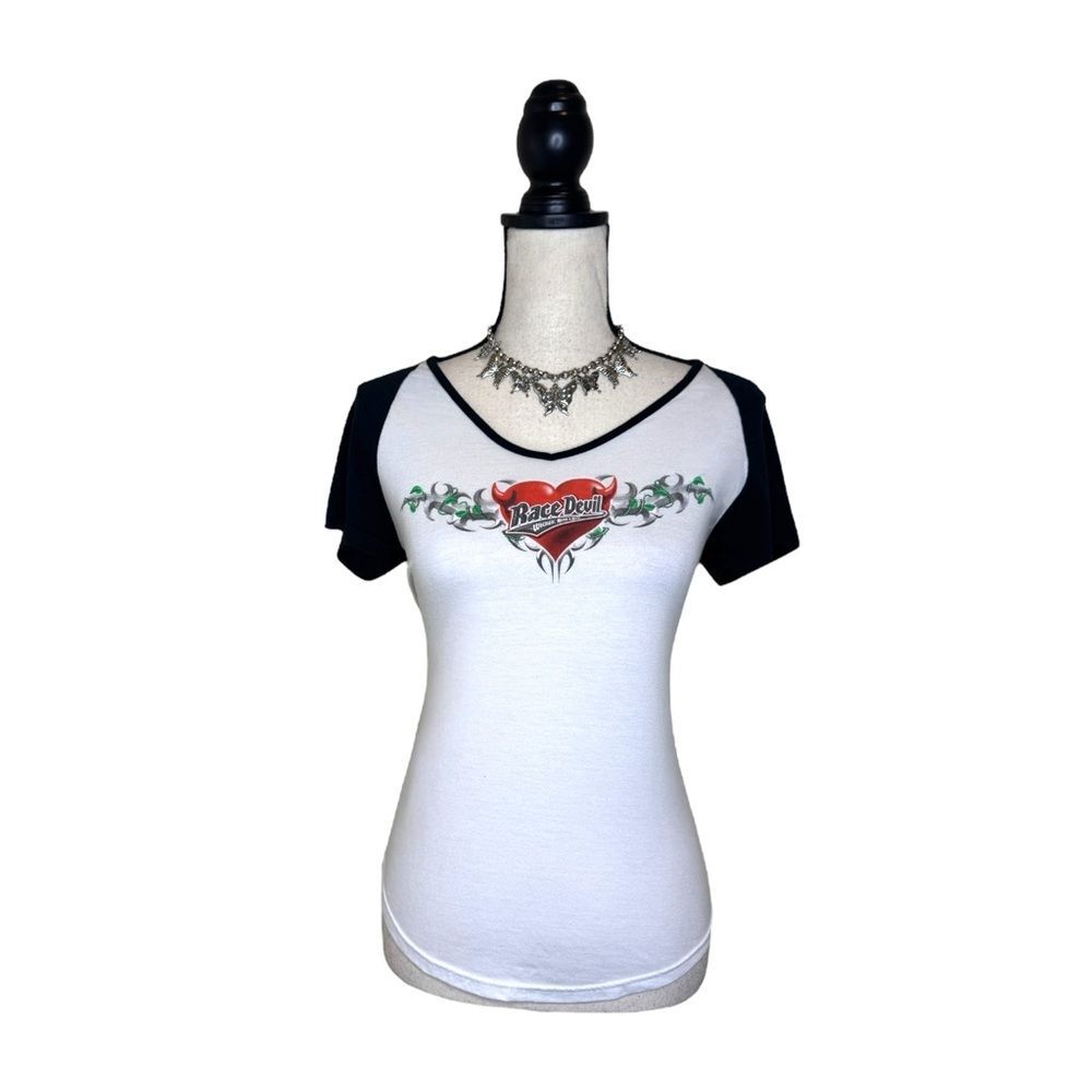 Race Devil Black + White V Neck Baseball Baby Tee Size Medium
